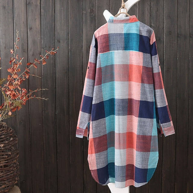 Women's Shirt Cotton Blend Blouse Plaid Casual Long Sleeve