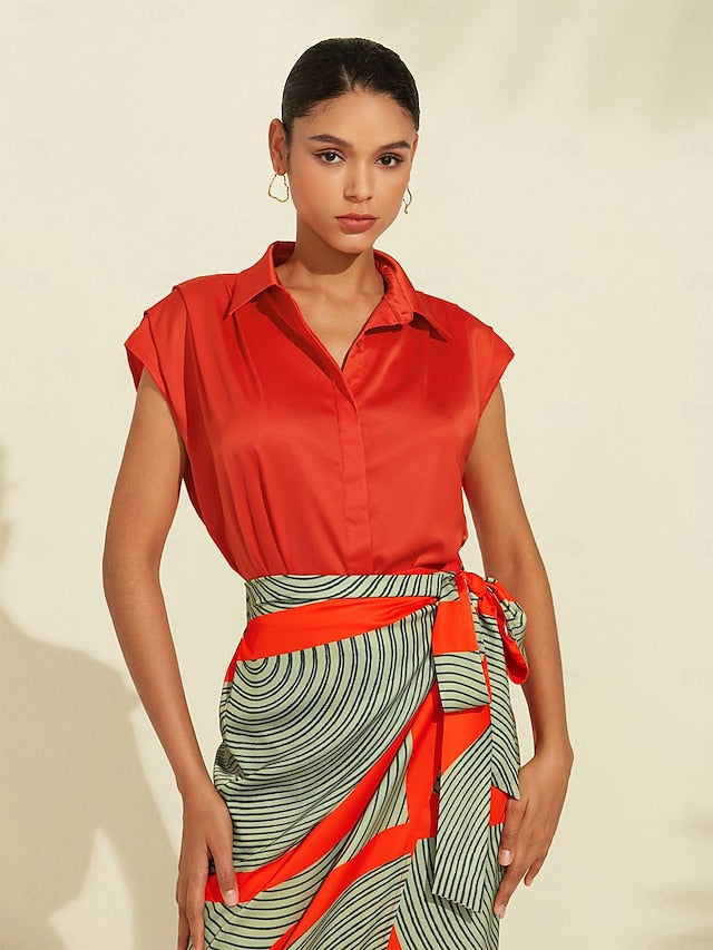 Women's Midi Skirt Green Color Block Elastic Waistband