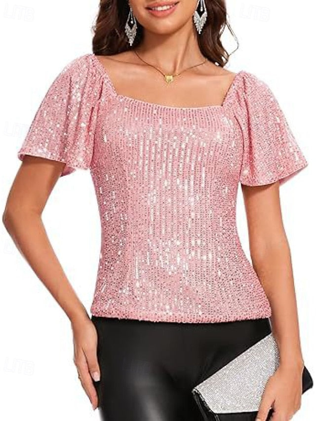 Women's T Shirt Tee Top Sequins Plain Elegant Fashion Short