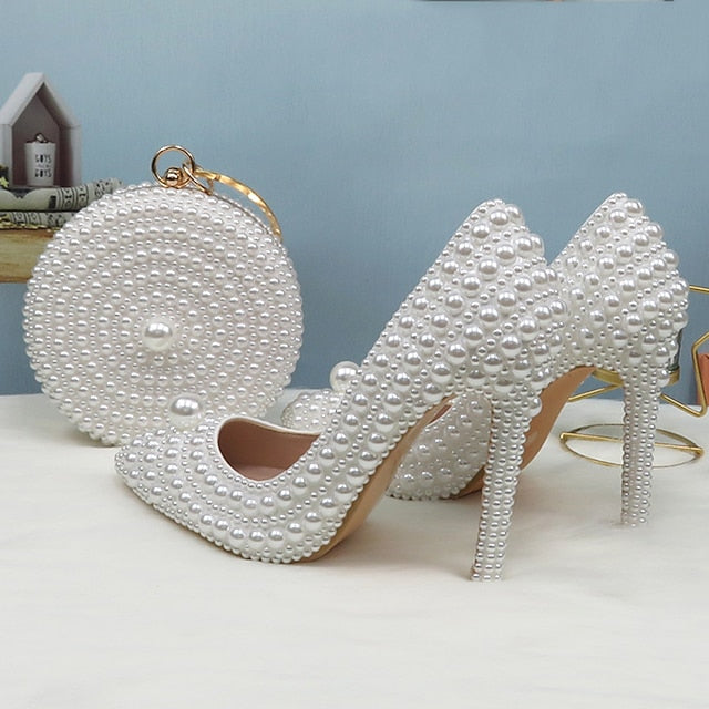 Heels Pearl Purse and Pearl-Embellished Round Stiletto Set White