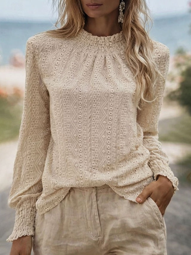 Women's Popover Shirt Casual Shirt Blouse Eyelet Solid