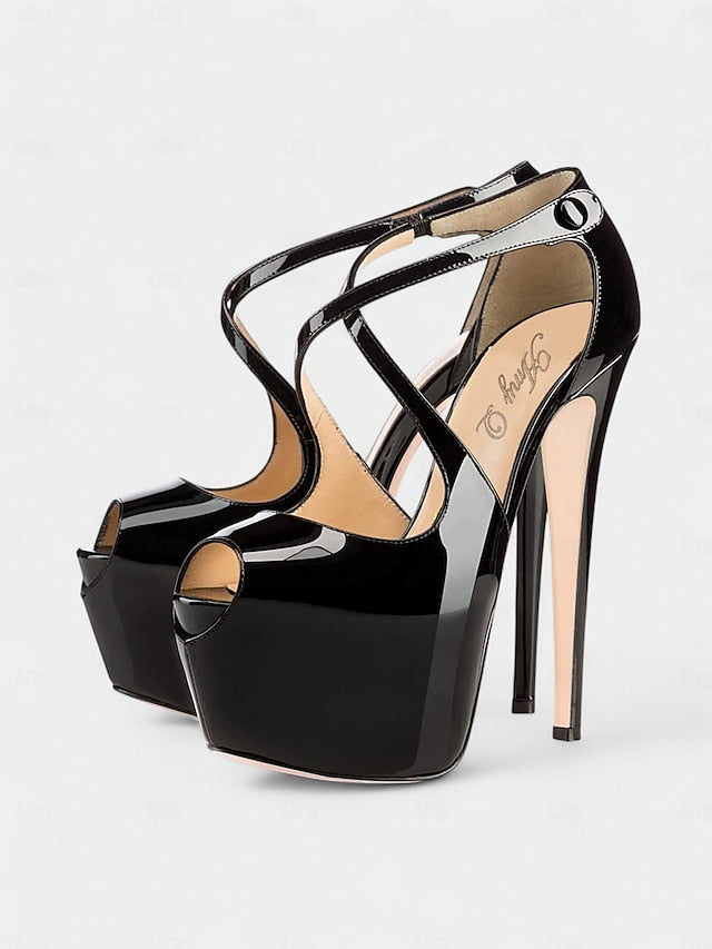 Patent Cross Red Black Stiletto Heels and Platform with Leather