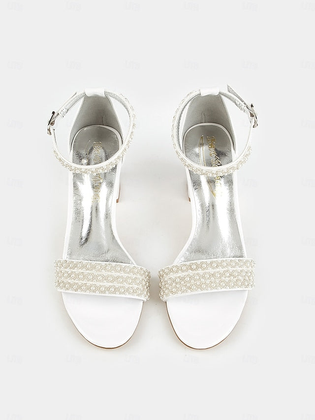 Ivory Strap Ankle Pearl-Embellished Heels for with Open-Toe