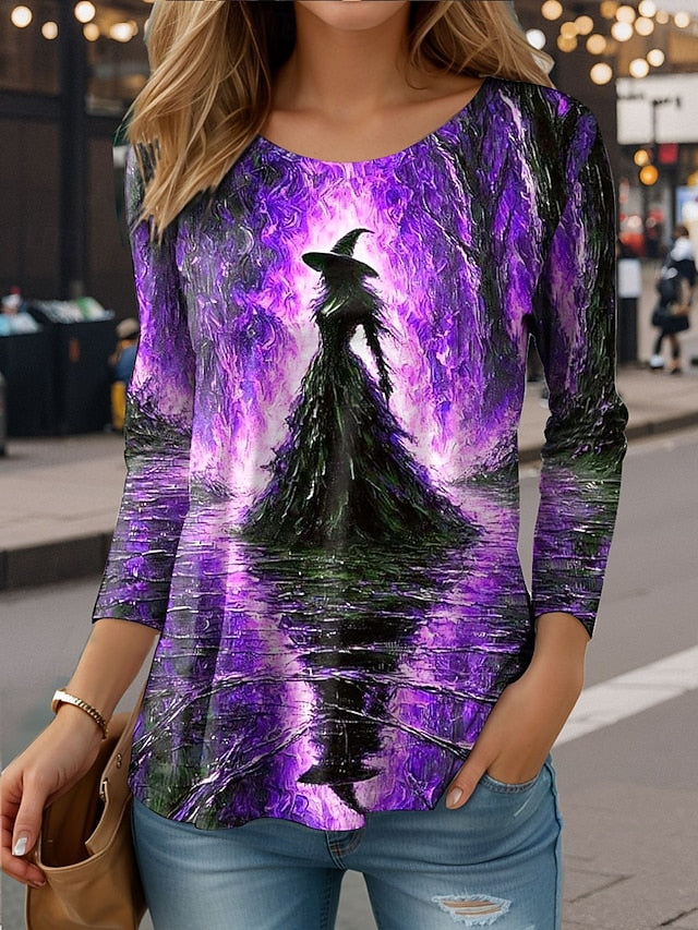 Women's T shirt Witch Long Sleeve Crew Neck Long Sleeve
