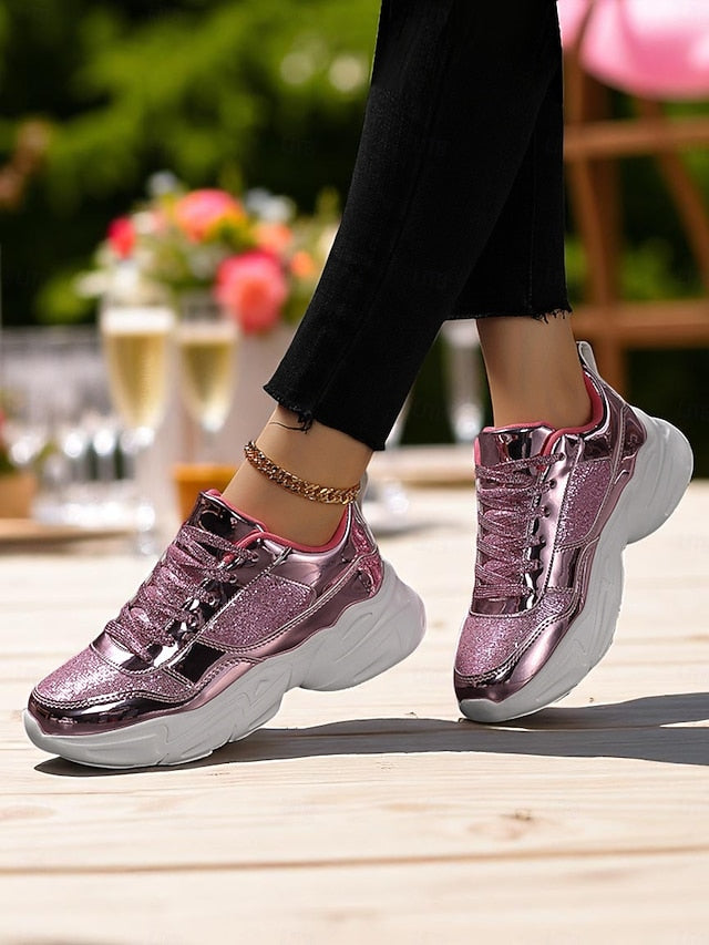 with Chunky Platform Metallic Sneakers Women's Glitter