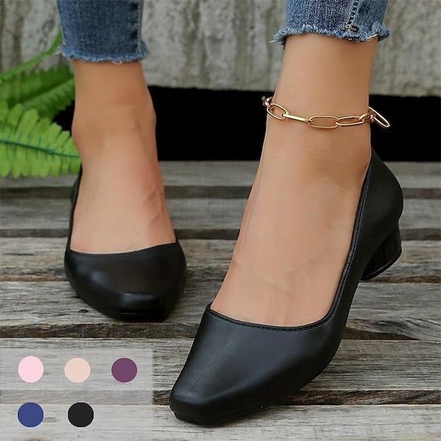 Women's Toe Classic Low Heel Pumps Black Round Slip-On –