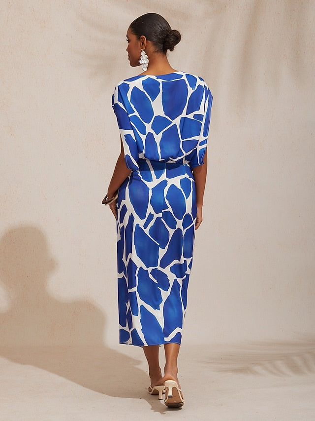 Vacation Geometric Color Block Print Fitted Satin Maxi Dress