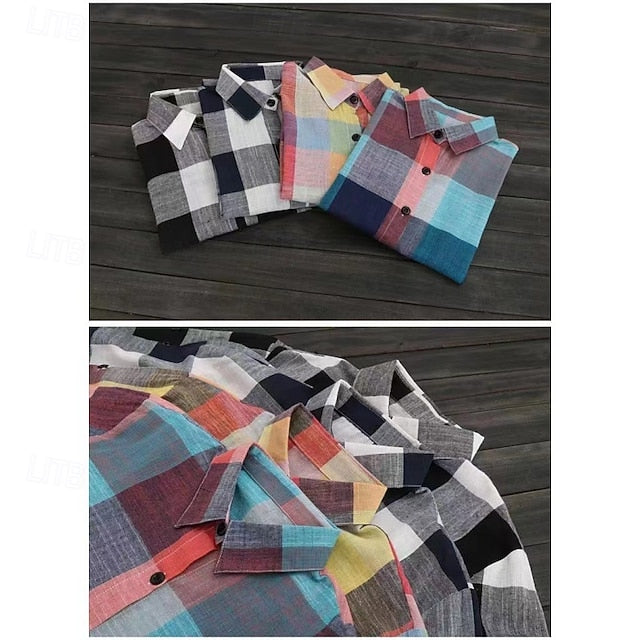 Women's Shirt Cotton Blend Blouse Plaid Casual Long Sleeve