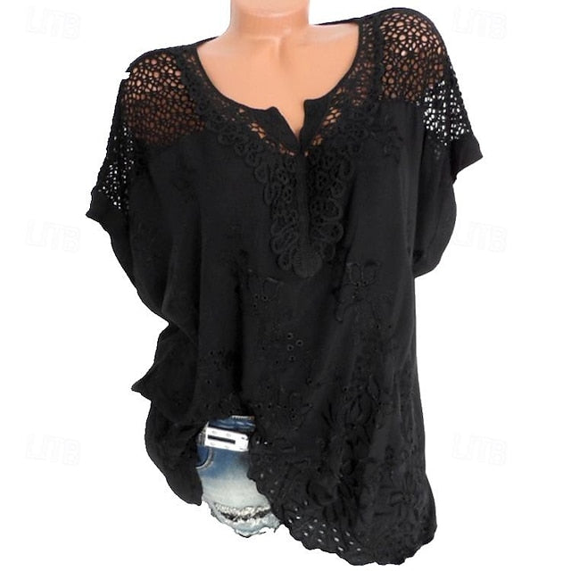 Women's White Bohemian Blouse Lace V-Neck Openwork
