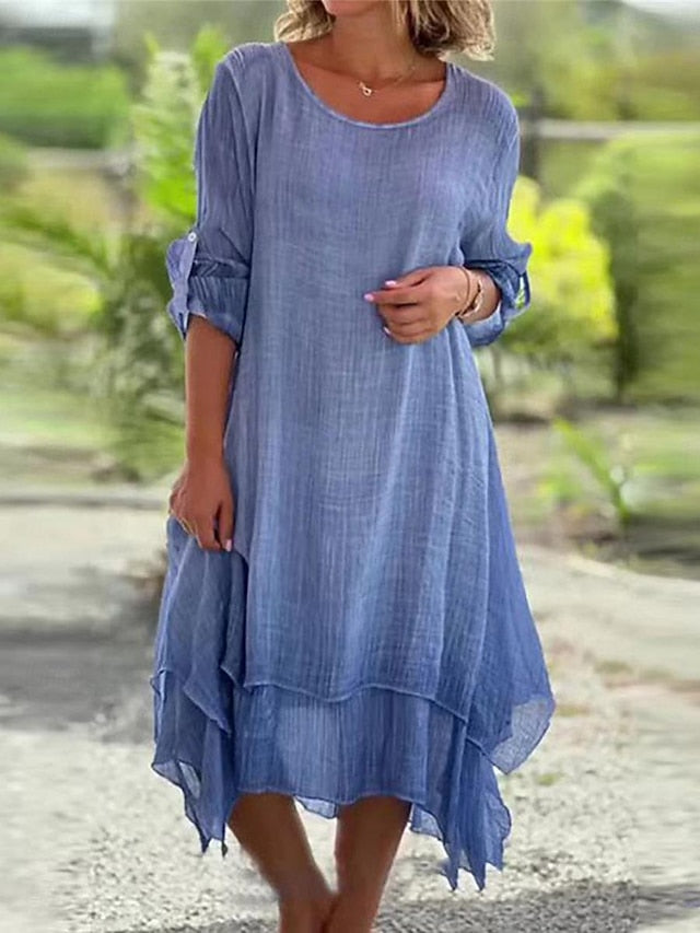 Women's Blue Rose Red Summer Spring Midi Dress Cotton Linen