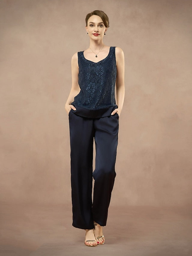 3 Piece Mother of the Bride Pantsuit Metalic Floral Lace