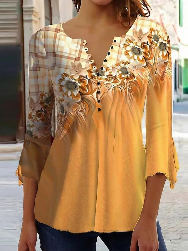 Women's T Shirt Basic Floral Buttons Print 3/4 Length