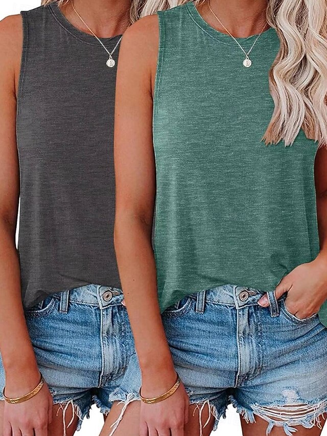 Multi Packs 2pcs Women's Crew Neck Sleeveless Red+Pink Tank