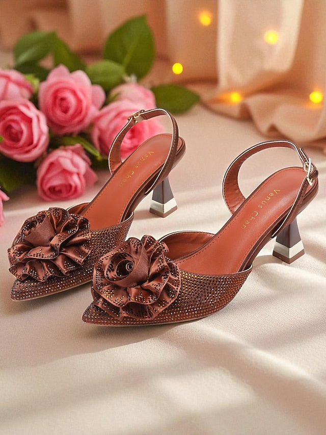 Heels with Slingback Rhinestone Floral Purple Women's