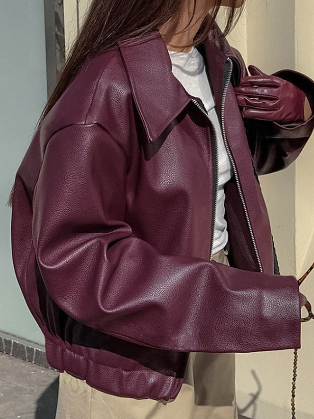 Warm Pocket Faux Leather Comfortable Zipper Jacket Women's