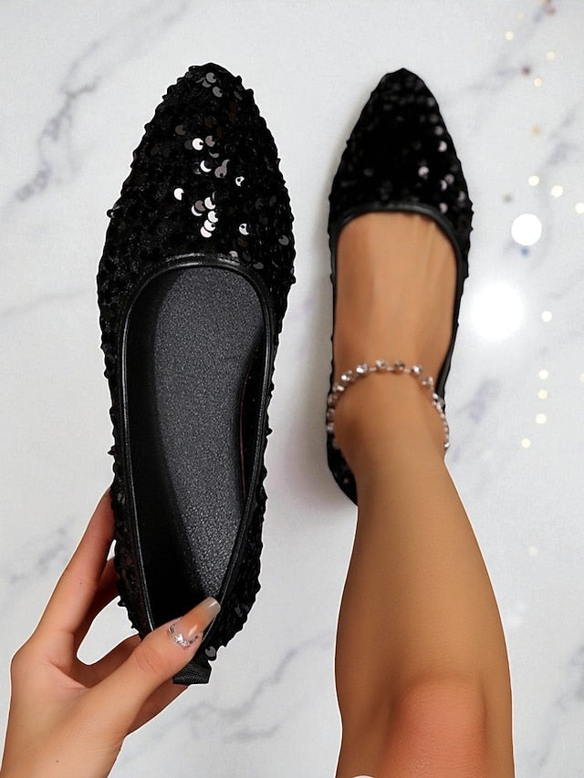 Sparkly Flats Sequin Women's Black Toe Pointed - Ballet
