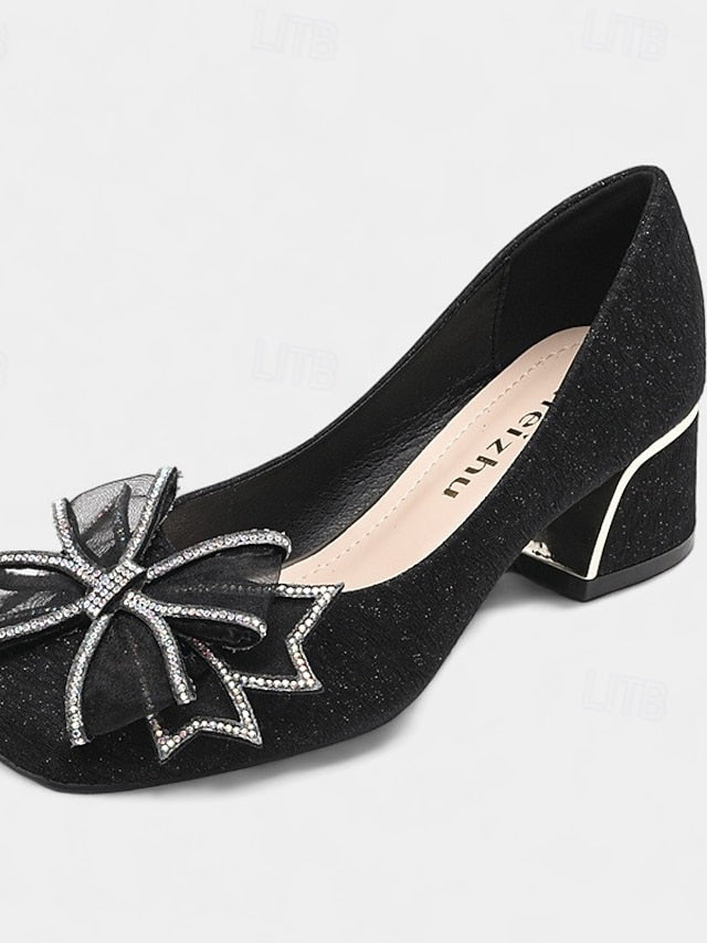 Gold Pumps Glitter - Heel Decoration Bow Women's Block with