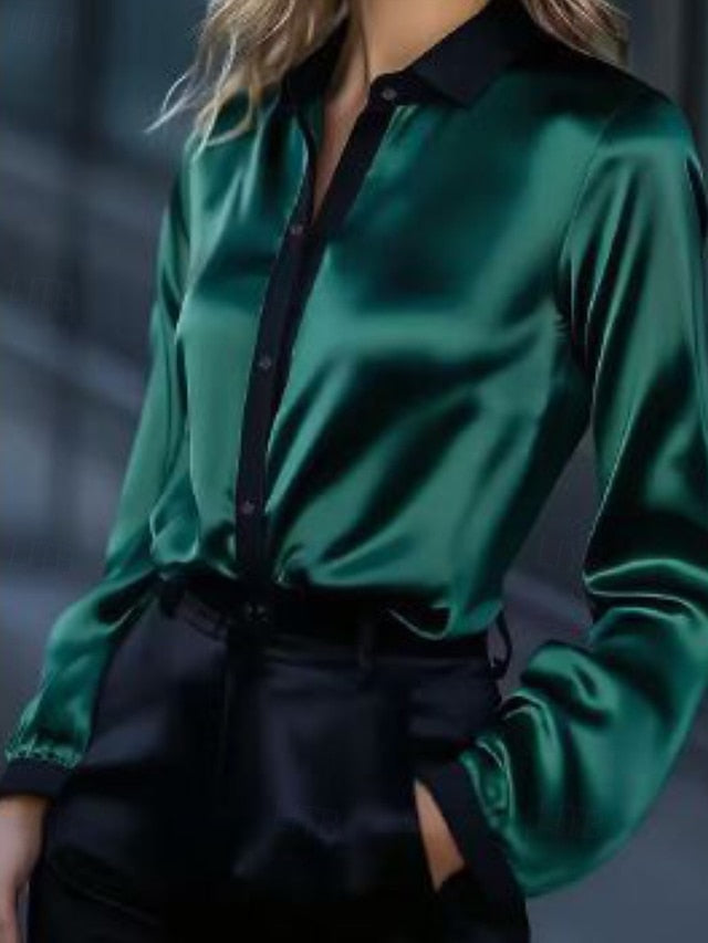 Women's Shirt Elegant Satin Top Blouse Patchwork Buttons