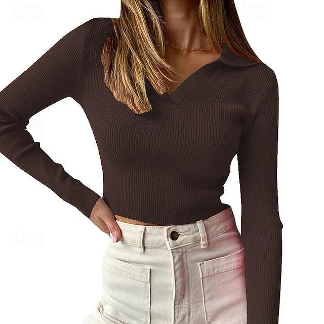 Women's Petite Ribbed Knit Tops Tee Y2K Slim fit top Solid
