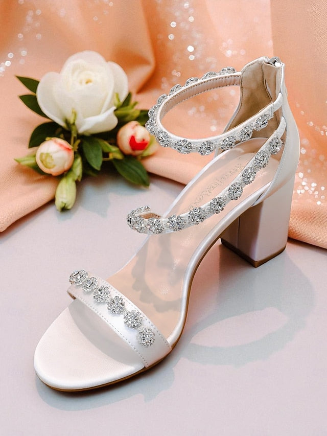 Rhinestone Open Sandals Heel White Elegant Block Women's -