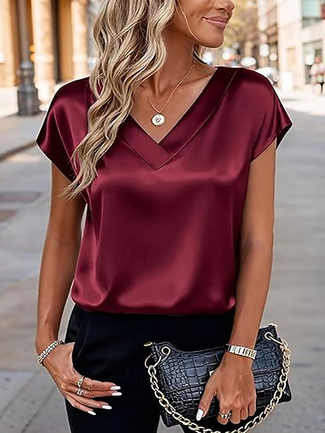 Women's Satin Shirt Blouse Patchwork Plain Elegant Vintage