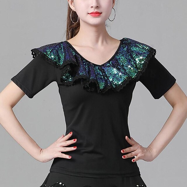 Latin Dance Ballroom Dance Top Ruffles Pure Color Splicing