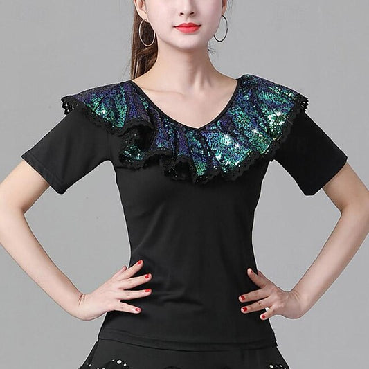 Latin Dance Ballroom Dance Top Ruffles Pure Color Splicing