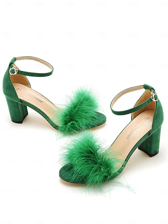 – Heel for Block Wedding Feather-Embellished Women Sandals