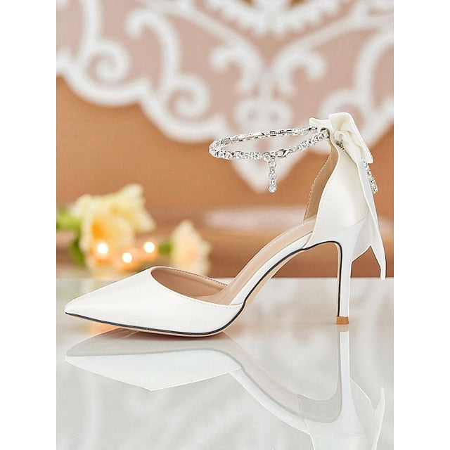Satin Women's Bow Toe Pointed and with Heels Stiletto Ivory
