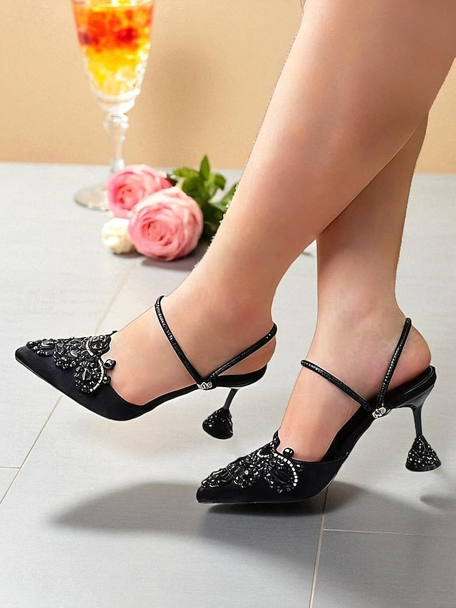 Rhinestone Toe Women's Pointed Embellished Satin Gold