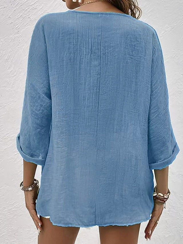 Women's Shirt Blouse Ruched Buttons Plain Elegant Vacation
