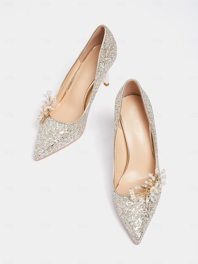 Heels Floral Silver with Women's Glitter Stiletto