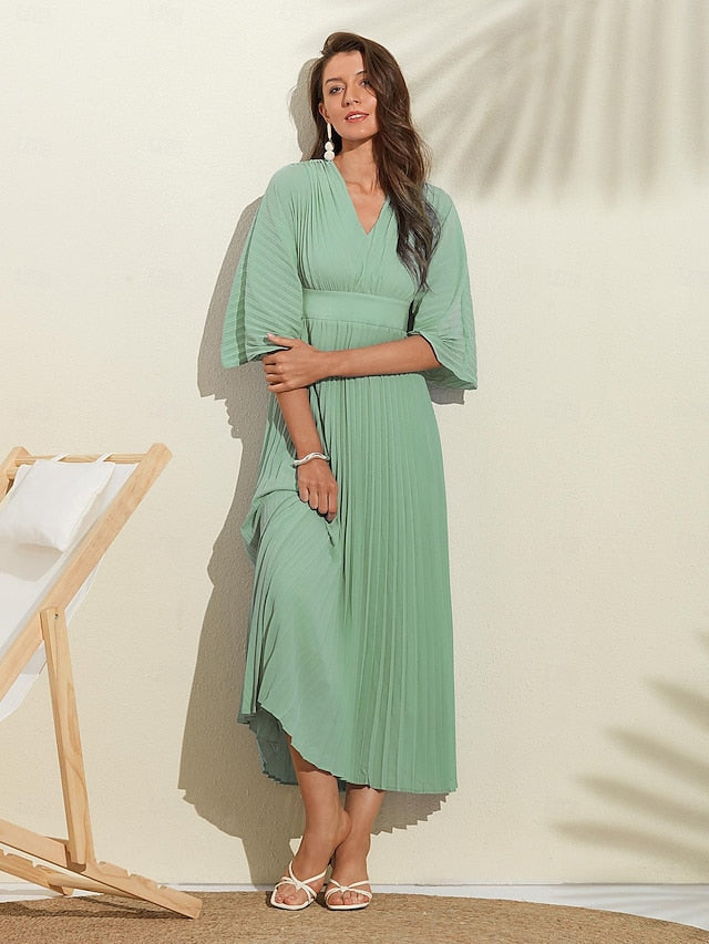 Women's Wedding Guest Dress Maxi Blue V-Neck Dolman Sleeve