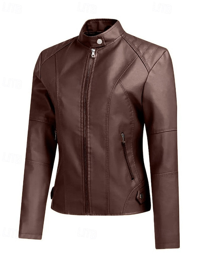Jacket Comfortable Leather Pocket Women's Zipper Faux