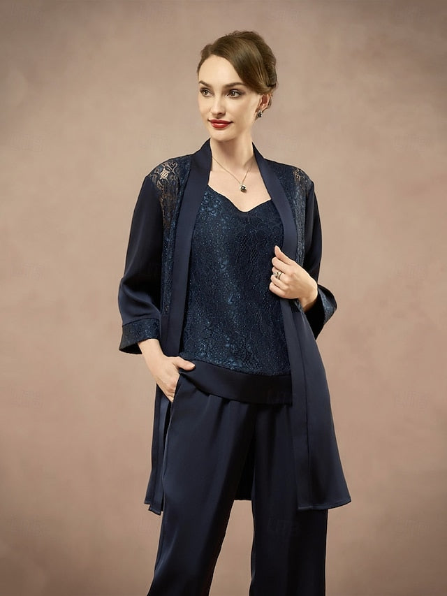 3 Piece Mother of the Bride Pantsuit Metalic Floral Lace