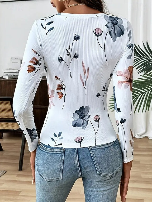 Women's T shirt Long Sleeve Ribbed Graphic Square Neck Long