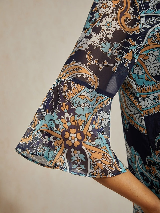 Women's Female Paisley Casual Blue Paisley 3/4 Sleeve