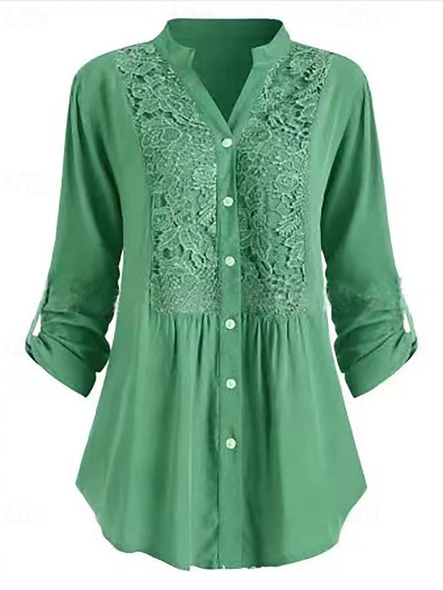 Women's Shirt Blouse Ruched Lace Buttons Plain Elegant