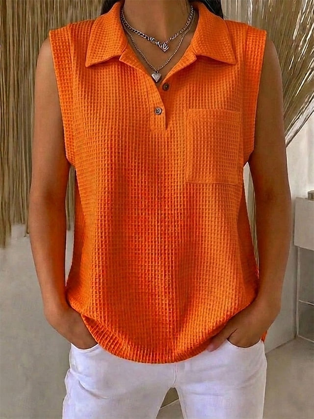 Women's Waffle Tank Top Polo Shirts Tee Pocket Stylish