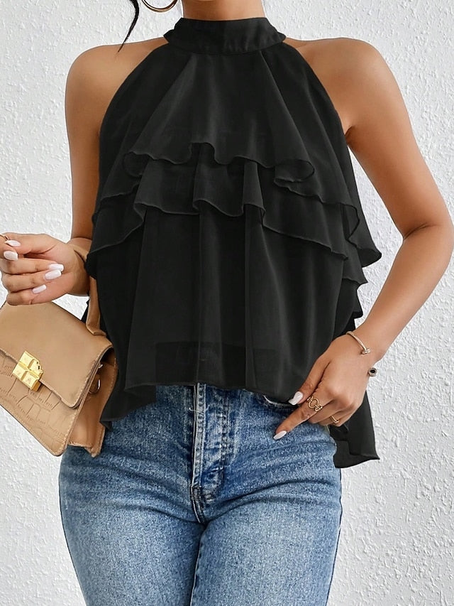 Women's Tank Top Tee Top Ruffle Solid Color Elegant Fashion