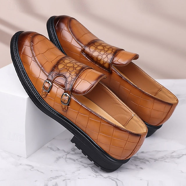 Men's – Leather Loafers Crocodile Brown Pattern with Faux