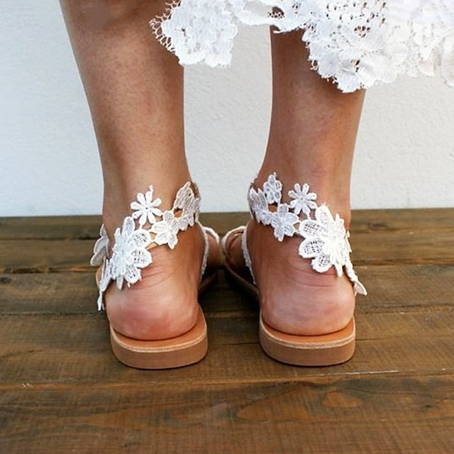 with White Sandals Lace Floral Women's Bridal Flat