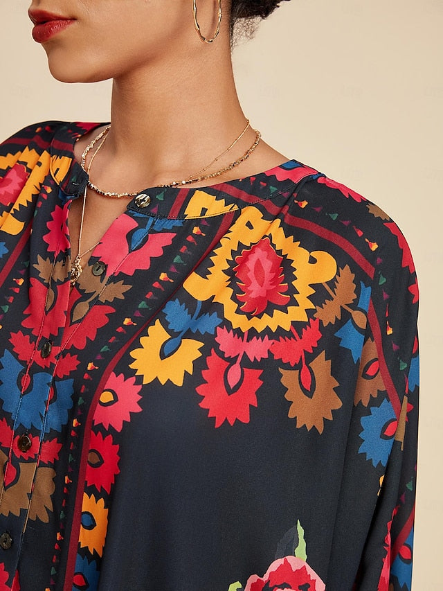 Women's Top Chiffon Floral Print Lapel Ethnic Style Casual