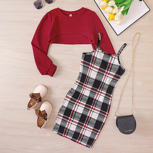 Color Block Pieces Long Girls' Suits Set Dress Kids 2