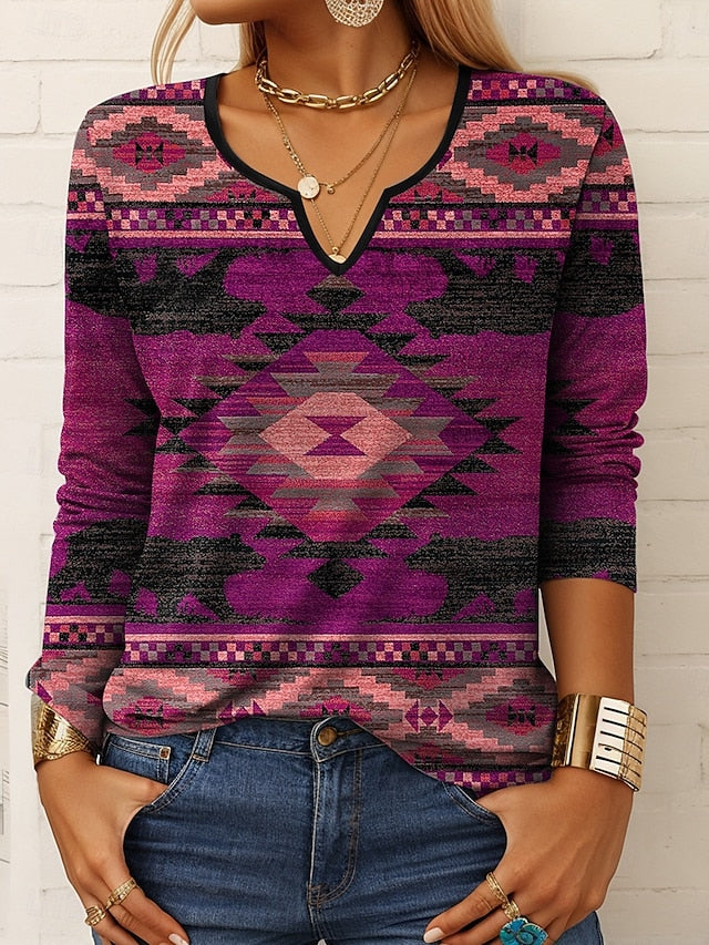 Women's T shirt Long Sleeve Graphic Geometric Vintage