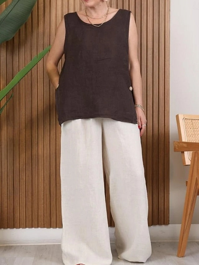 Women's T Shirt Faux Linen Shirt Tee Top Buttons Plain