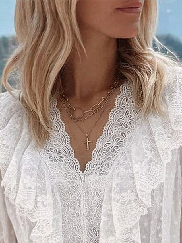 Women's Blouse Lace Ruffle Solid Color Stylish Casual Long