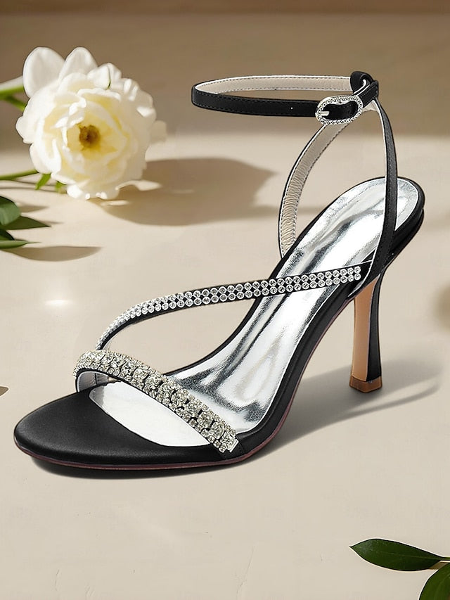 Champagne Sophisticated Strappy Heels Rhinestone Satin –