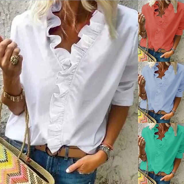 Women's Blouse Shirt V Neck Lettuce Trim Plain Modern V