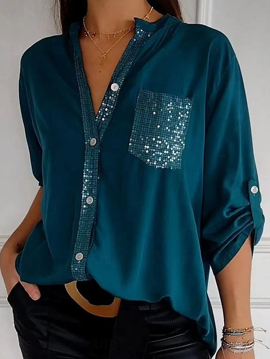 Women's Shirt Elegant Dressy Satin Top Sequins Patchwork